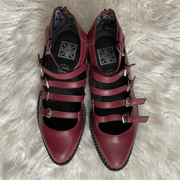 T.U.K Shoes - TUK Burgundy Multi-Strap Pointed Toe Creeper Mary Janes Platform Shoes